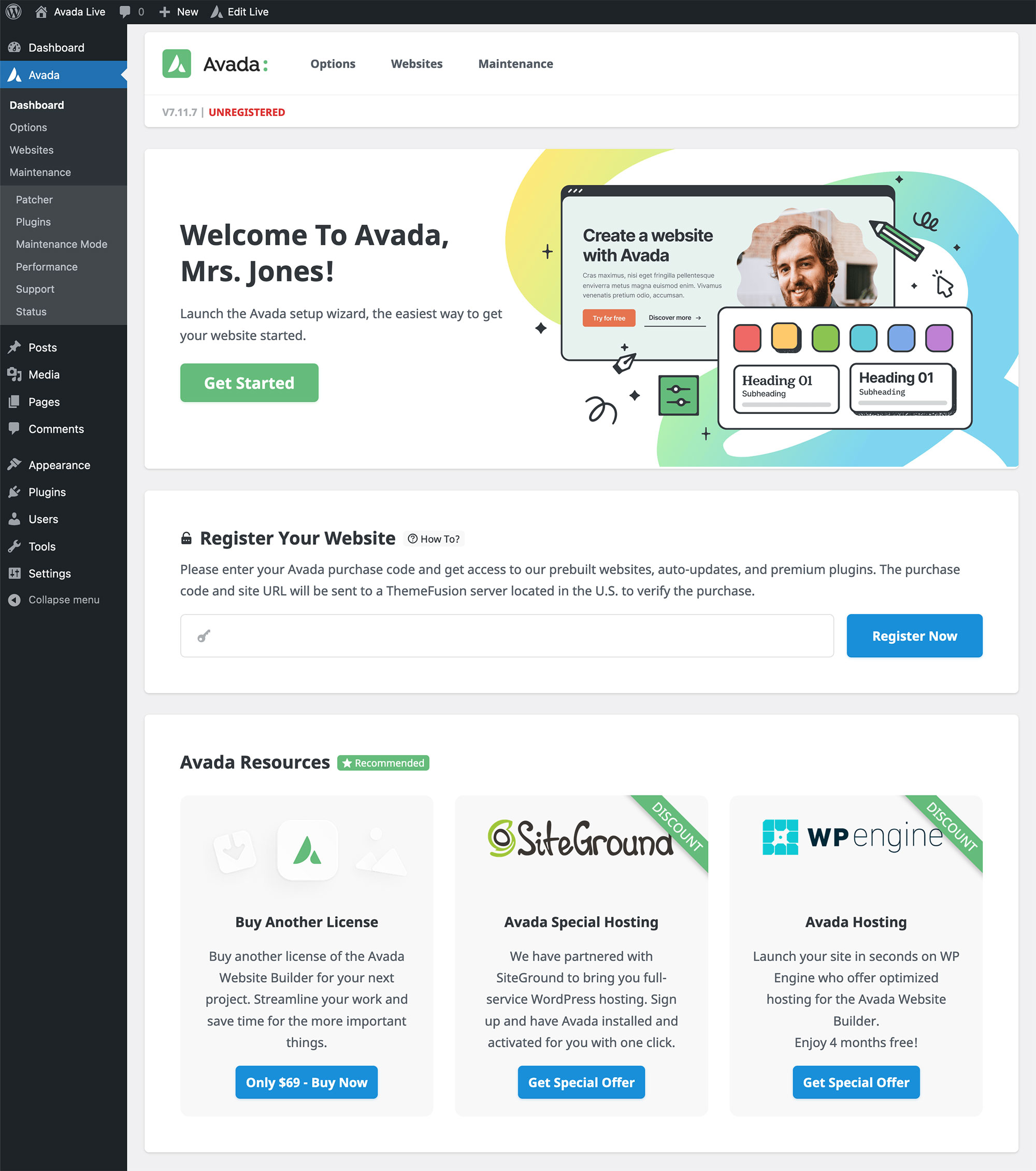 Avada Dashboard Page