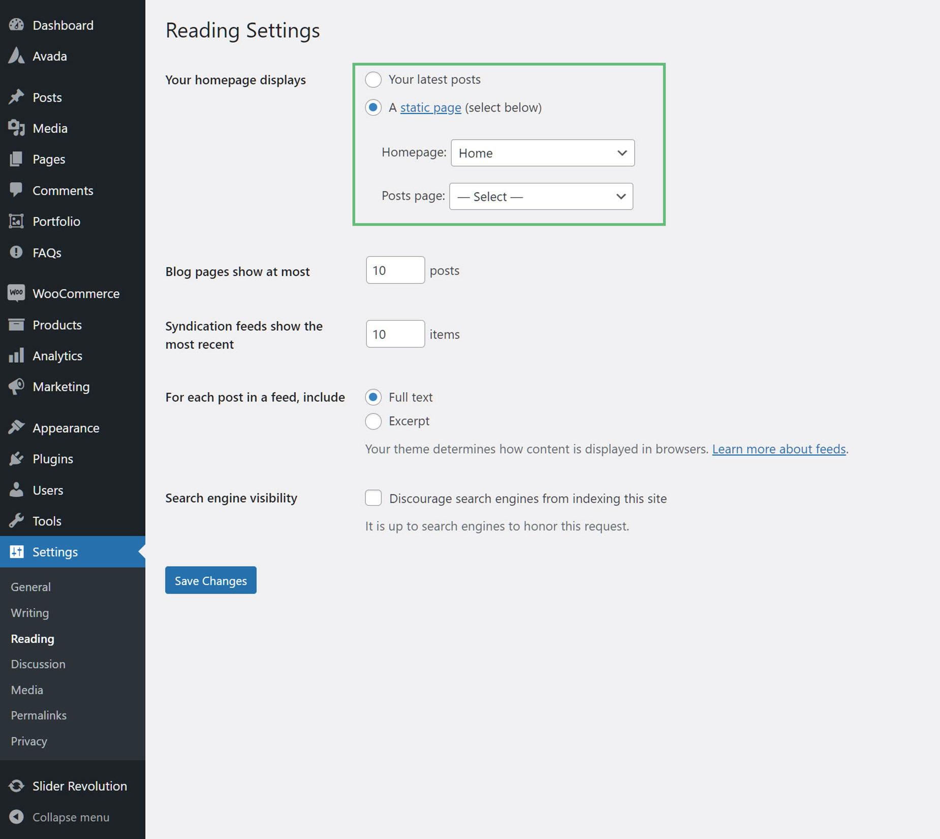 WordPress Reading Settings