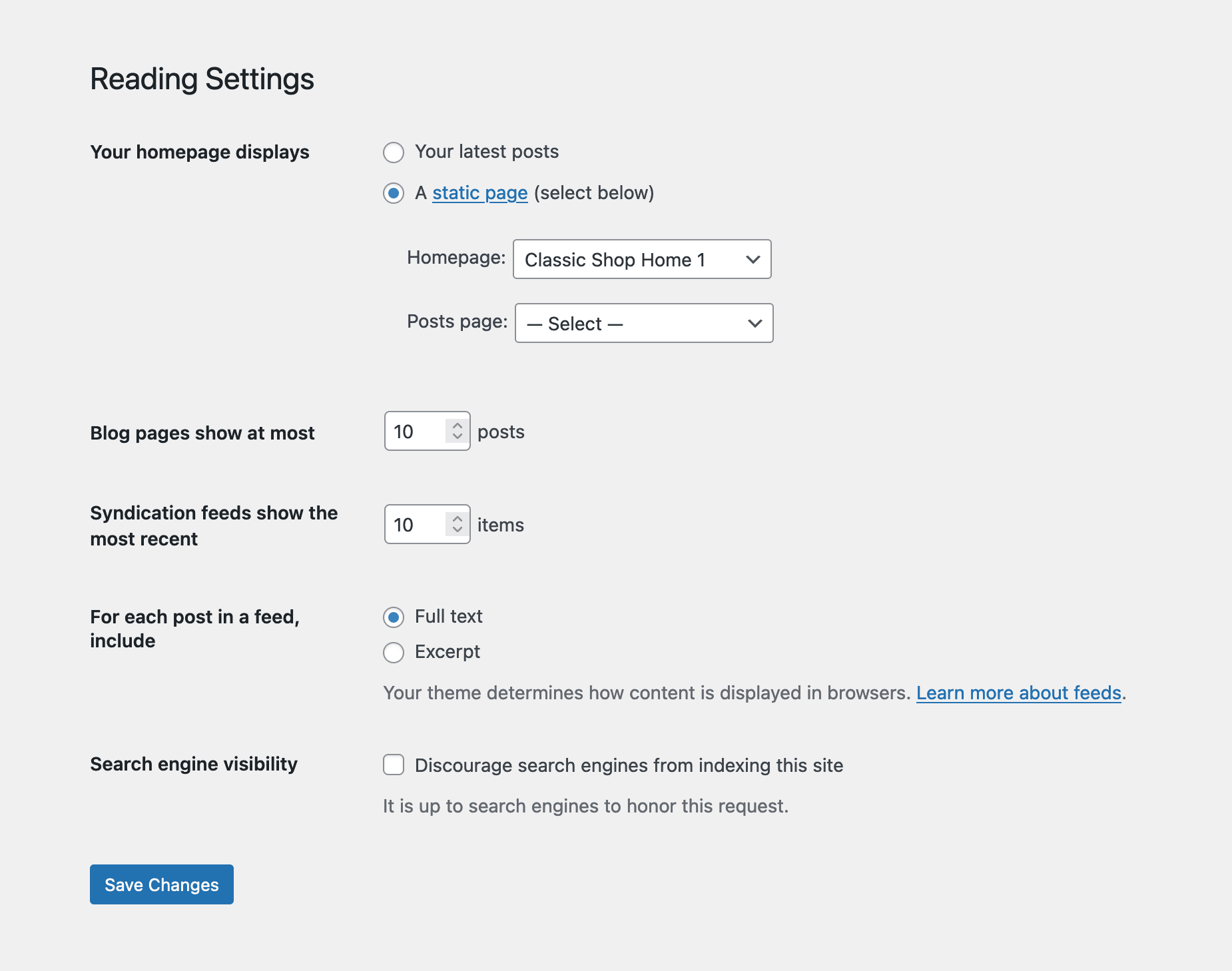 WordPress Reading Settings